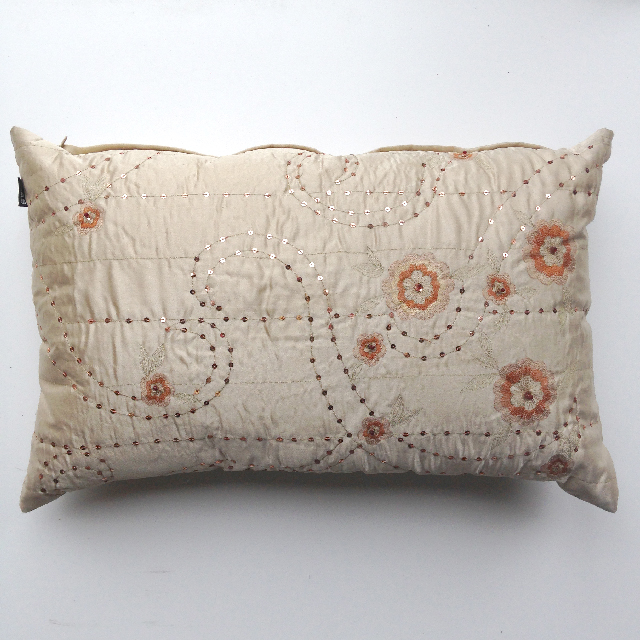 CUSHION, Off White w Embroidered Flowers & Sequins
